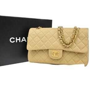CHANEL CC Matelasse 25 Double Flap Chain Shoulder Bag Leather Beige GHW 378RL429